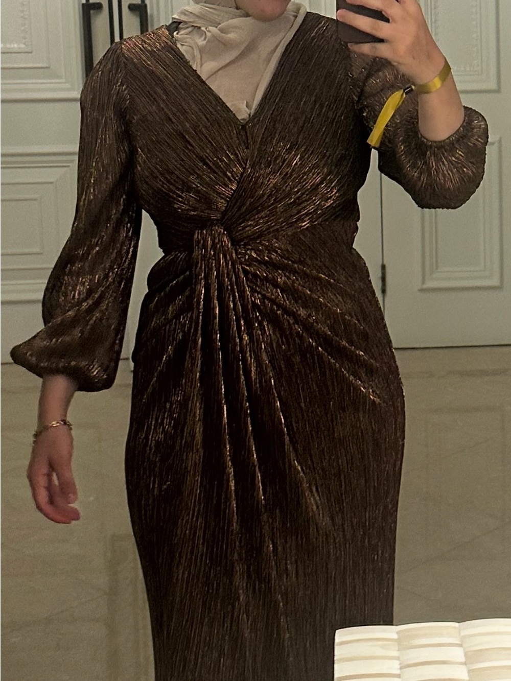 Adrianna Papell Metallic Bronze Twist-Front Maxi Dress